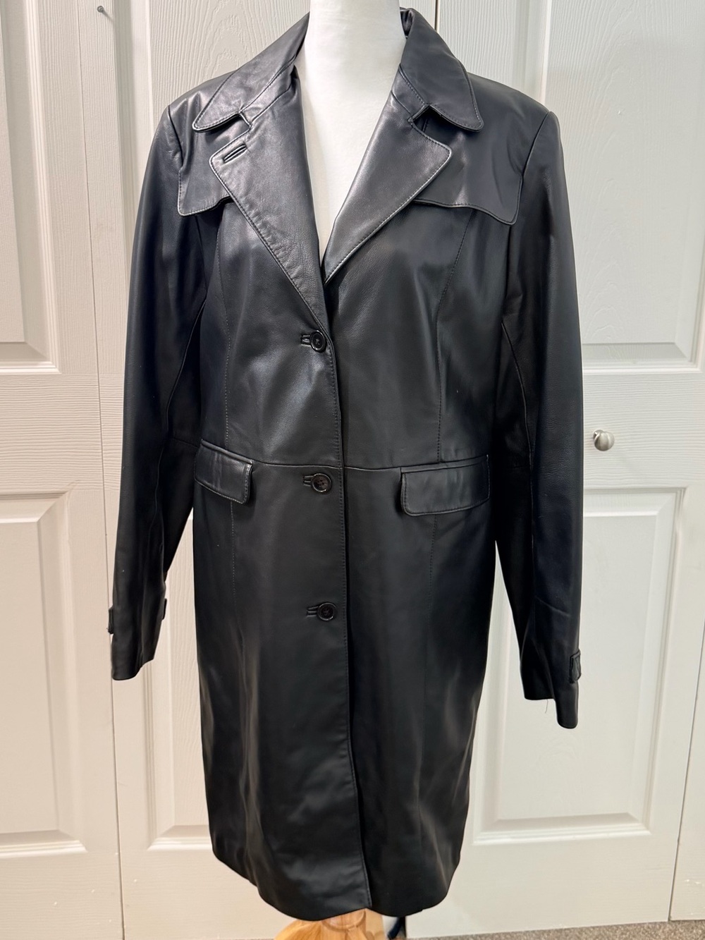 Alfani Womens XL Black Genuine Leather Trench Coat Longline Tailored Jacket